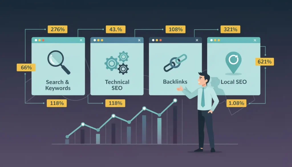 Diagramma delle 4 aree SEO interconnesse