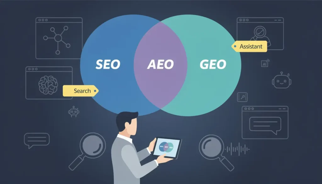 Diagramma differenze tra AEO SEO e GEO